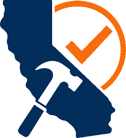 California Contractors logo: navy California state outline with a hammer and an orange check mark